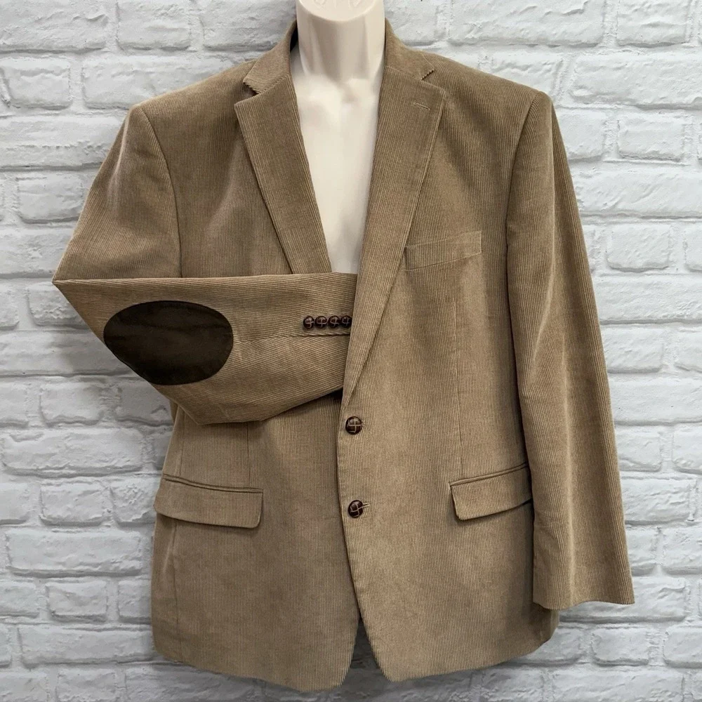 Vtg Chaps Corduroy Blazer Sport Coat 46R Elbow Patches Sport Coat Tan Suit Jacke